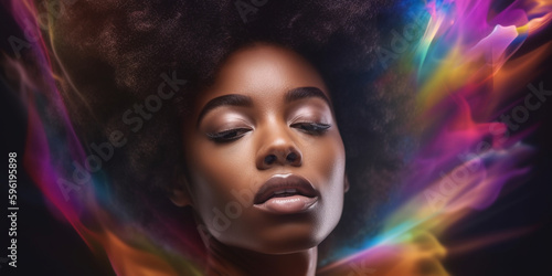 Afroamerikanisches Frauen Gesicht mit Holi Farben und Pulver Explosion Nahaufnahme Poster, ai generativ