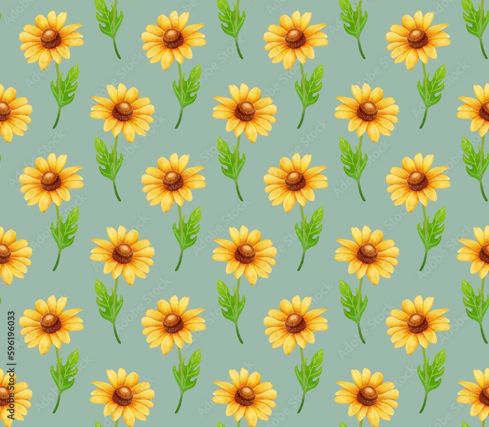 MINT GREEN SEAMLESS PATTERN WITH DIGITAL WATERCOLOR BLOOMING YELLOW RUDBECKIA MINT GREEN SEAMLESS PATTERN WITH DIGITAL WATERCOLOR BLOOMING YELLOW RUDBECKIA