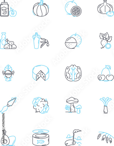 Fair trade linear icons set. Sustainable, Ethical, Justice, Equality, Cooperative, Organic, Transparency line vector and concept signs. Empowerment,Accountability,Certified outline illustrations photo