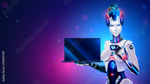 Robot woman with AI shows laptop screen in his hands. Cyborg female holds a laptop with a blank screen in the palm of his hand. Artificial intelligence or neural networks computer conceptual banner.