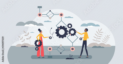 Cobots as robots cooperation with human in manufacturing tiny person concept. Smart, modern and effective robotic automation vector illustration. Gear technology integration in production process.