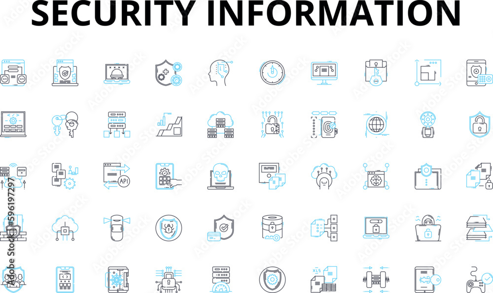 Security information linear icons set. Encryption, Authentication, Privacy, Firewall, Intrusion, Detection, Vulnerability vector symbols and line concept signs. Password,Biometrics,Malware