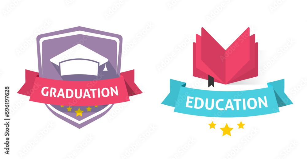 School logo emblem graduation education icon crest vector graphic illustration set, academy knowledge quality premium ribbon design flat, university college congratulation image clipart