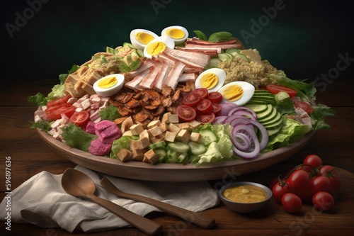 Cobb Salad Lettuce Egg Bacon Turkey Avocado Blue Cheese Cherry Tomato Red Onion Dressing in Bowl Image