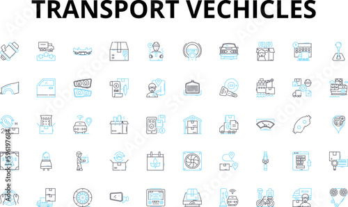 Transport vechicles linear icons set. Automobiles, Buses, Cars, Cycles, Delivery, Electric, Fleet vector symbols and line concept signs. Freight,Hovercraft,Jet illustration