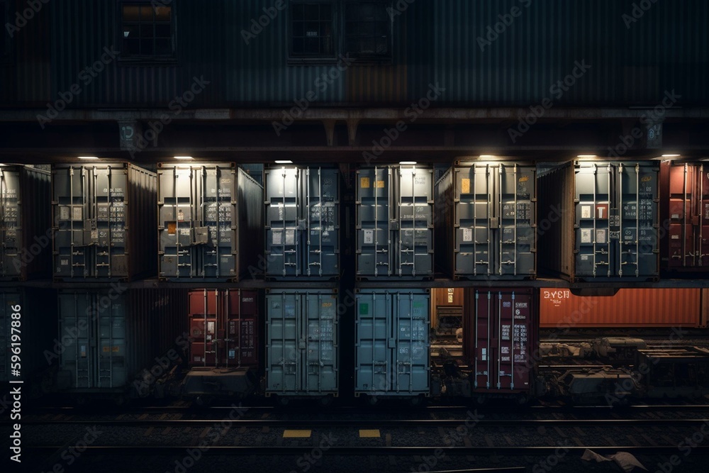 Cargo-filled containers hauled by train. Generative AI