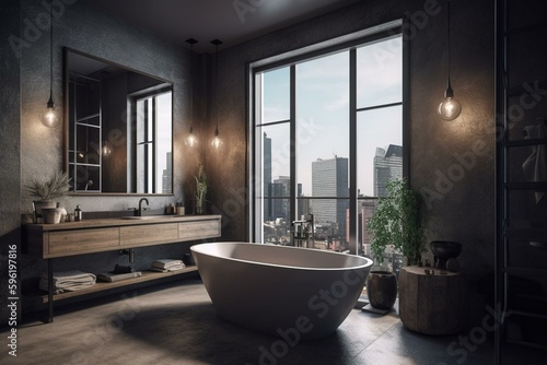 A bathroom with grey interior featuring a tub, rail, accessories and a panoramic window. Generative AI