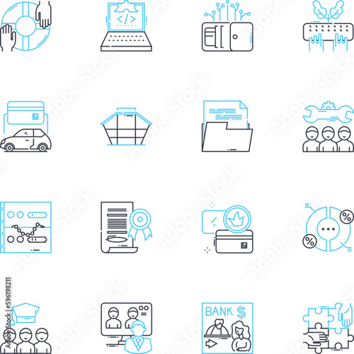 Office space planning linear icons set. Ergonomics, Furniture, Layout, Collaboration, Productivity, Lighting, Noise line vector and concept signs. Privacy,Storage,Sustainability outline illustrations photo