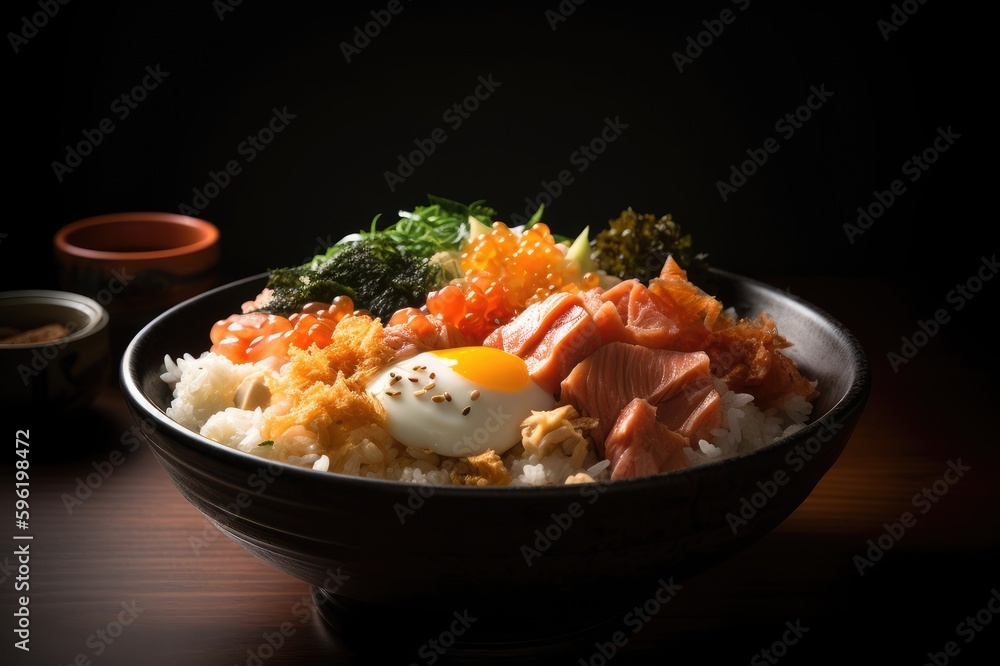 Chirashi Don Sushi Sashimi Rice Salmon Tuna Hamachi Snapper Mackeral Saba Abalone Ikura Masago Roe Uni Shiso Seaweed Wasabi Ginger in Bowl Image Chirashi Don Sushi Sashimi Rice Salmon Tuna Hamachi Snapper Mackeral Saba Abalone Ikura Masago Roe Uni Shiso Seaweed Wasabi Ginger in Bowl Image