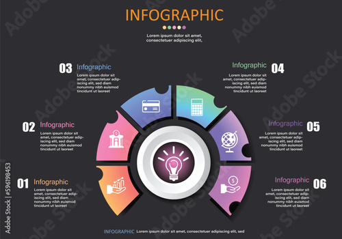Vector round infographic with 6 segments, center circle is light bulb representing multiple fragmented ideas on dark gray background for finance, education and business presentations.