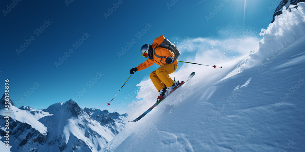 pro skier cliff jump, extreme skiing, winter mountain panorama with blue sky, generative ai