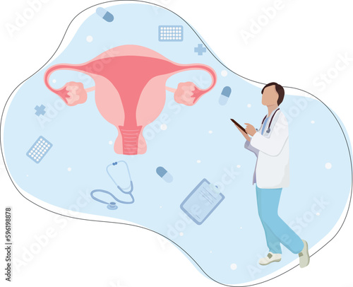 Doctor diagnosis of female organs uterus with appendages vector illustration