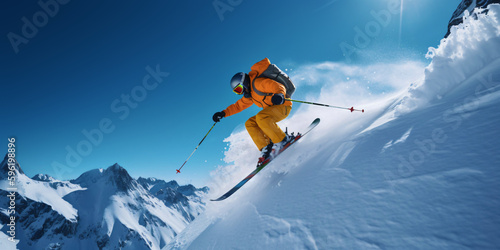 pro skier cliff jump, extreme skiing, winter mountain panorama with blue sky, generative ai © CROCOTHERY
