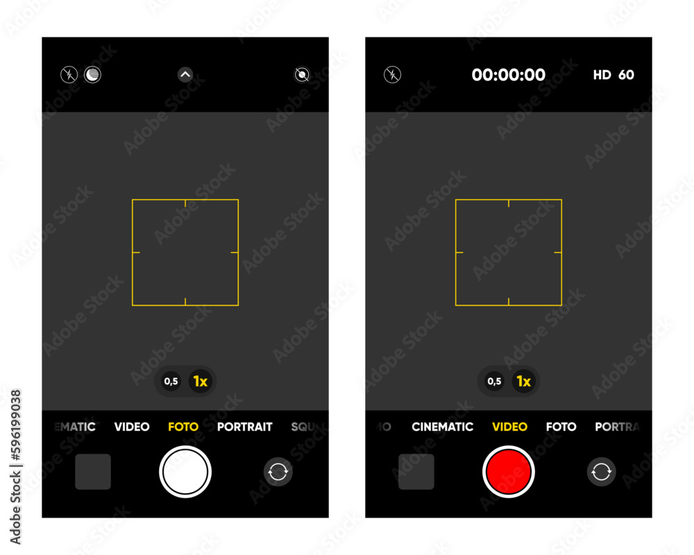 Camera interface on smartphone screen. Photo, video ui in mobile phone. Application for recording. Photo and video shooting. Viewfinder, focus and button record. Vector illustration. Camera interface on smartphone screen. Photo, video ui in mobile phone. Application for recording. Photo and video shooting. Viewfinder, focus and button record. Vector illustration.