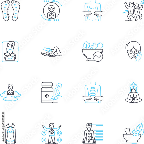 Complementary medicine linear icons set. Acupuncture, Aromatherapy, Homeopathy, Naturopathy, Meditation, Yoga, Reiki line vector and concept signs. Reflexology,Chiropractic,Herbalism outline