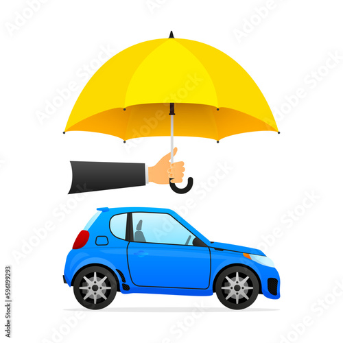 Car insurance policy. Auto insurance concept. The hand holds an umbrella over the car. Car safety icon isolated on white background. Vector illustration.