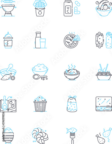 Wholesome eating linear icons set. Nourishment, Balance, Health, Nutrients, Clean, Sustainable, Fresh line vector and concept signs. Organic,Plant-based,Variety outline illustrations