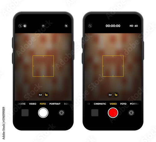 Camera interface on smartphone screen. Photo, video ui in mobile phone. Application for recording. Photo and video shooting. Viewfinder, focus and button record. Vector illustration.