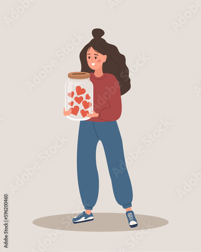 Donation and charity concept. Volunteer woman holding in hands glass jar with red hearts. Give and share your love. Support and hope for homeless and poor people. Vector illustration in cartoon style.