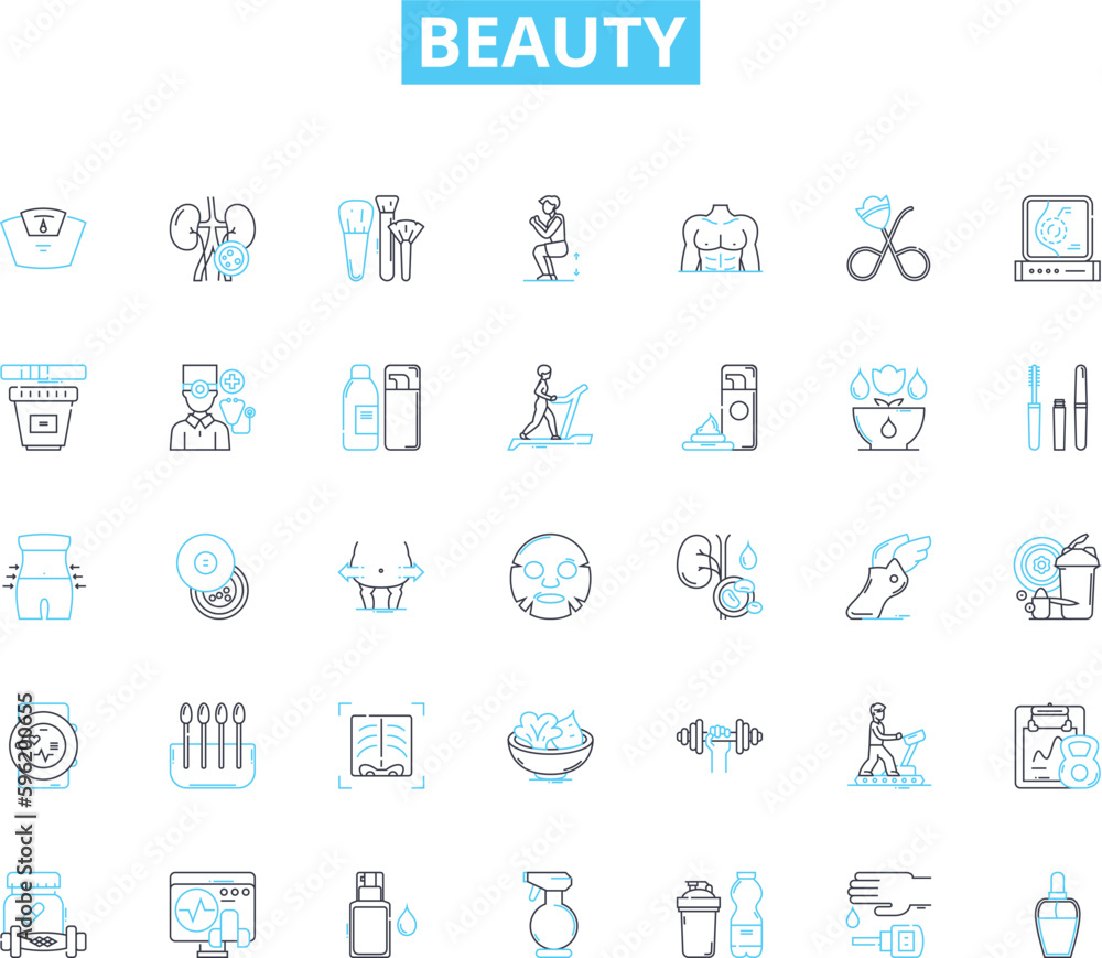 Beauty linear icons set. Radiant, Glamorous, Flawless, Stunning, Alluring, Gorgeous, Elegant line vector and concept signs. Timeless,Charming,Exquisite outline illustrations
