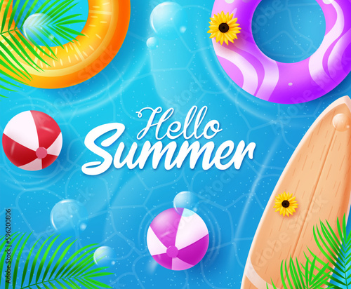 Summer hello text vector design. Summer swimming pool with floaters, beach ball and surfboard  floating in blue water. Vector illustration tropical season background.