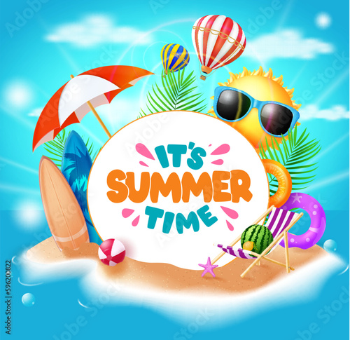Summer time vector template design. It's summer time text in empty space in sand island with colorful beach elements. Vector illustration tropical season background. 