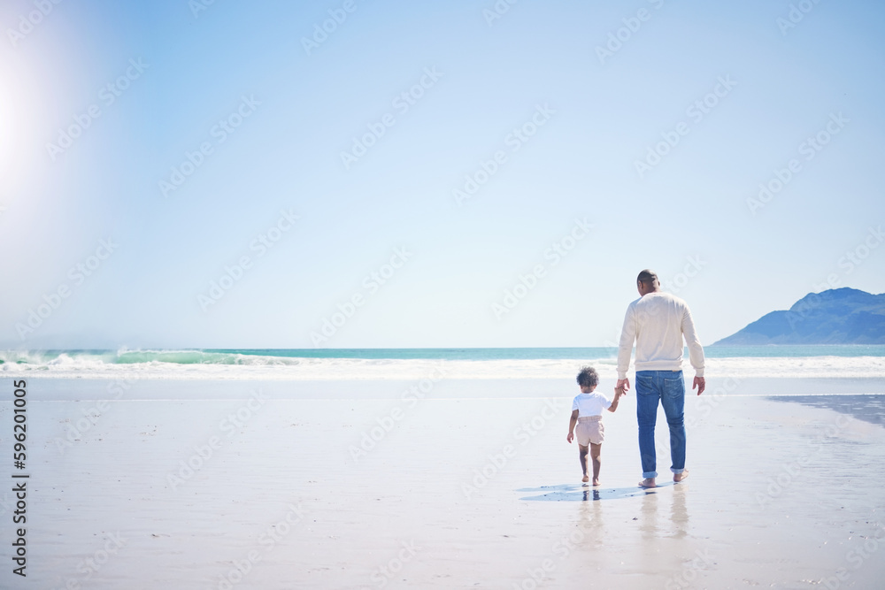 Father, boy and beach with mockup space, holding hands and blue sky with bonding with vacation in summer. Papa, male kid and solidarity with trust, holiday and ocean mock up with waves in sunshine
