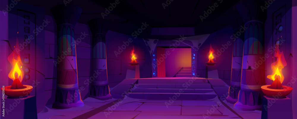 Dark dungeon in abandoned Egyptian palace. Vector cartoon illustration of corridor inside ancient template illuminated by fire, dust and spider web on pillars, mysterious neon hieroglyphs on walls