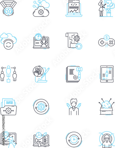 Risk analysis linear icons set. Probability, Uncertainty, Threat, Vulnerability, Mitigation, Contingency, Assessment line vector and concept signs. Resilience,Hazard,Exposure outline illustrations