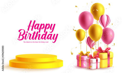 Happy birthday vector background design. Birthday greeting text with balloons, gifts and stage product presentation. Vector illustration invitation banner card. 