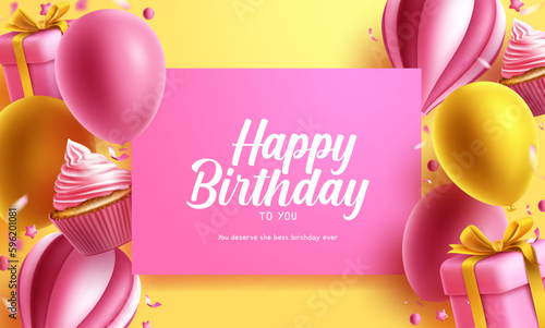 Happy birthday vector template design. Birthday greeting text in pink empty space with balloons, cup cake and gifts elements. Vector illustration invitation card background.