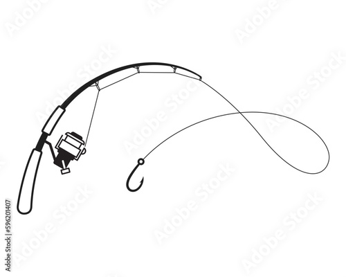Photographie fishing rod drawing, black line art on white background.