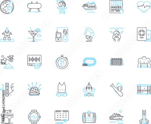 Water sports linear icons set. Surfing, Kayaking, Swimming, Diving, Rowing, Paddleboarding, Sailing line vector and concept signs. Windsurfing,Boating,Tubing outline illustrations