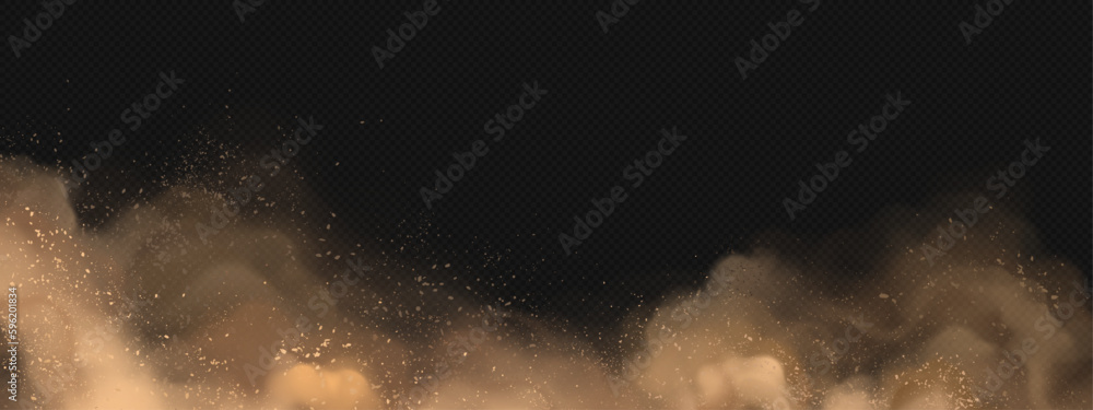 Realistic cloud of brown dust on transparent background. Vector  illustration of sand storm in desert, smog mist with dirt particles flying  in air, explosion effect. Ash in atmosphere. Hurricane wind Stock Vector