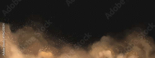 Realistic cloud of brown dust on transparent background. Vector illustration of sand storm in desert, smog mist with dirt particles flying in air, explosion effect. Ash in atmosphere. Hurricane wind
