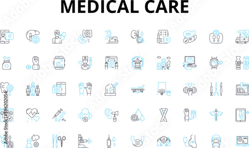 Medical care linear icons set. Diagnosis, Treatment, Prescription, Therapy, Check-up, Surgery, Medical vector symbols and line concept signs. Health,Recovery,Rehabilitation illustration