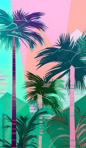 Summer vivid color illustration  exotic background with tropical leaves and palm trees. Summer creative concept. Generative AI.