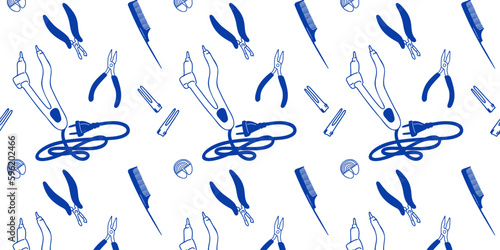 Seamless patten with a set of tools for hair extensions. Hairdressing tools for the procedure. Doodle vector illustration