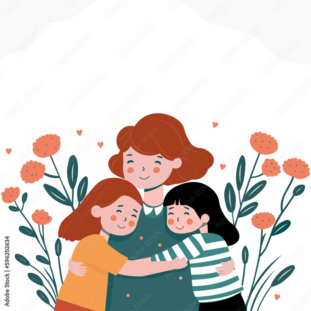 Young Woman Character Hugging Cute Girls On Floral Decorated Background. Young Woman Character Hugging Cute Girls On Floral Decorated Background.
