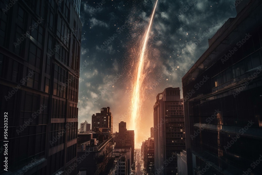 An illustration of a catastrophic meteor shower blazing a trail in the sky and crashing into an urban city building. Generative AI