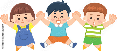 手を繋いでジャンプする3人の子供
