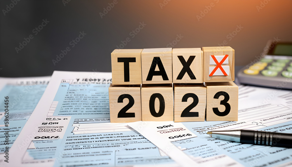 newspaper,Tax 2023 in wooden cubes and tax or vat form documents to