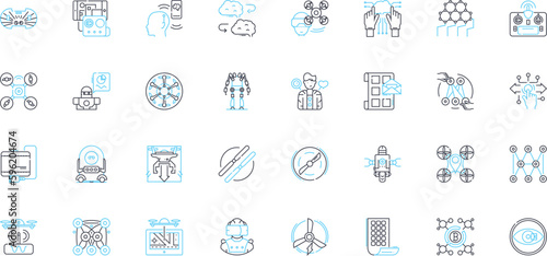 Smart dispatch linear icons set. Efficiency, Automation, Optimization, Speed, Coordination, Real-time, Integration line vector and concept signs. Routing,Tracking,Seamless outline illustrations