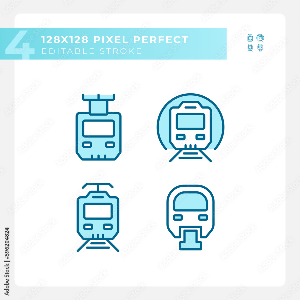 Passenger train pixel perfect blue RGB color icons set. Steam locomotive. Rail transportation. High speed. Isolated vector illustrations. Simple filled line drawings collection. Editable stroke Passenger train pixel perfect blue RGB color icons set. Steam locomotive. Rail transportation. High speed. Isolated vector illustrations. Simple filled line drawings collection. Editable stroke