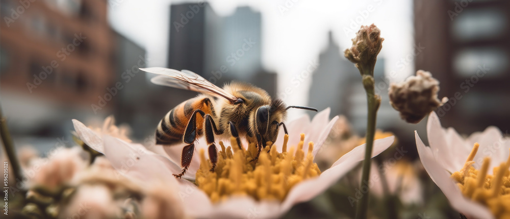 Bee collecting pollen on a flower in city, importance of bees for ecosystem and pollination, generative ai - obrazy, fototapety, plakaty 