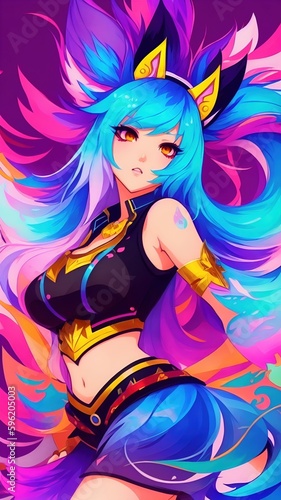 Beautiful girl in carnival costume on colorful background generative ai