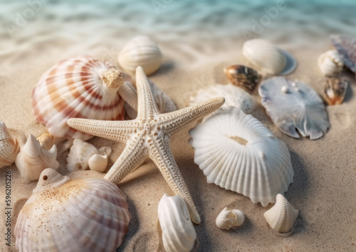 Marine background with seashells and starfish on the sand, generative ai