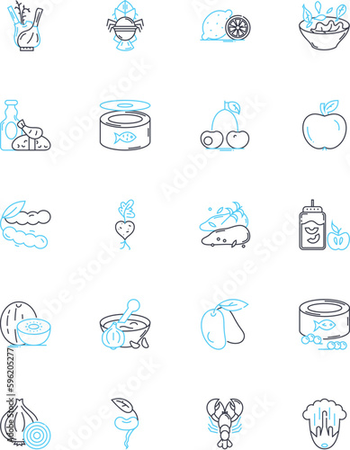 Organic cuisine linear icons set. Natural, Fresh, Healthy, Sustainable, Local, Whole, Clean line vector and concept signs. Farm-to-table,Nourishing,Nutritious outline illustrations