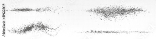Splashes of ash powder, black dust. Burst or spray effect of dark particles, ash splatters isolated on transparent background, vector realistic illustration