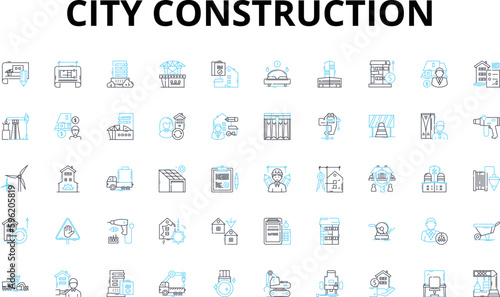 City construction linear icons set. Structures, Buildings, Planning, Design, Development, Infrastructure, Urbanization vector symbols and line concept signs. Architecture,Materials,Skyscrapers